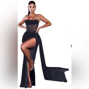 Brand New Black Draping Corset High Slit Velvet Gown Formal Dress